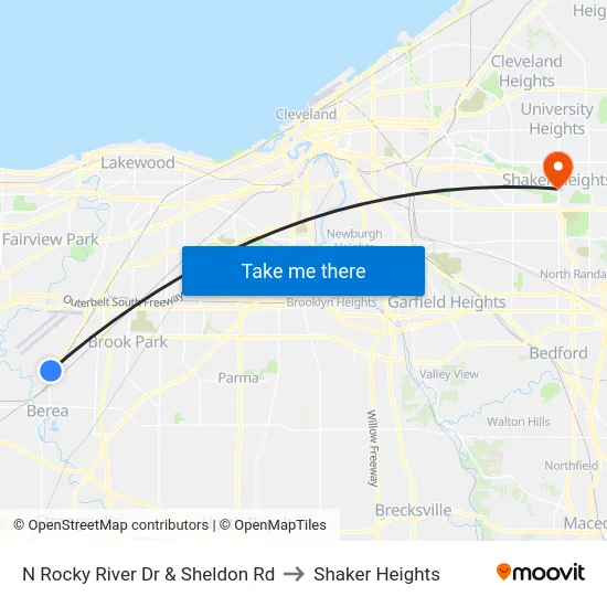 N Rocky River Dr & Sheldon Rd to Shaker Heights map