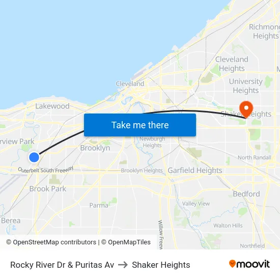 Rocky River Dr & Puritas Av to Shaker Heights map