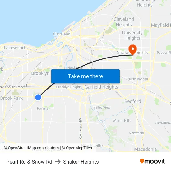 Pearl Rd & Snow Rd to Shaker Heights map