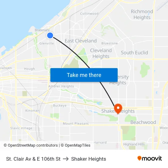 St. Clair Av & E 106th St to Shaker Heights map