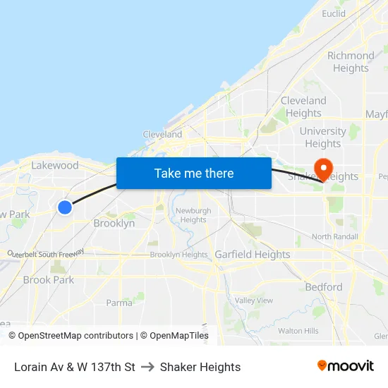 Lorain Av & W 137th St to Shaker Heights map