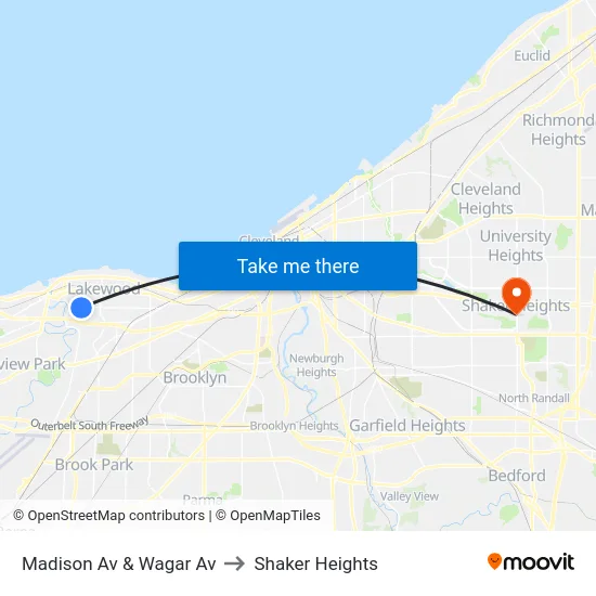 Madison Av & Wagar Av to Shaker Heights map