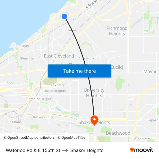 Waterloo Rd & E 156th St to Shaker Heights map