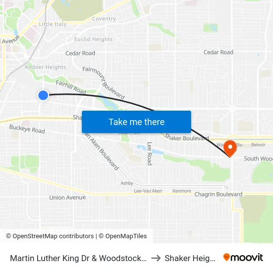 Martin Luther King Dr & Woodstock Av to Shaker Heights map