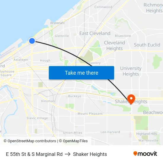 E 55th St & S Marginal Rd to Shaker Heights map