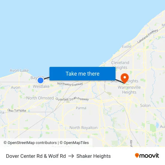 Dover Center Rd & Wolf Rd to Shaker Heights map