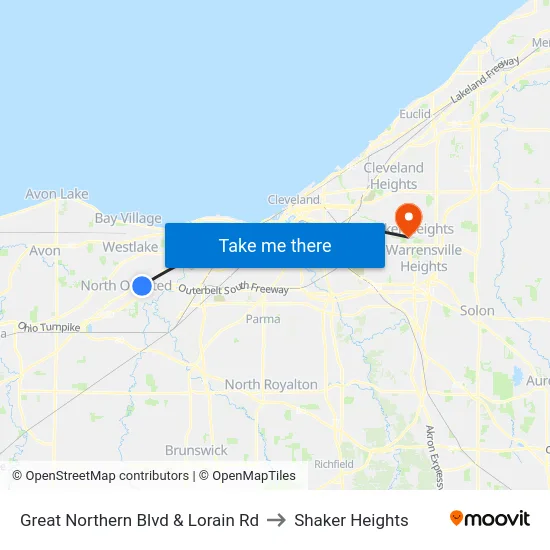 Great Northern Blvd & Lorain Rd to Shaker Heights map