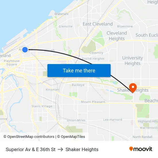 Superior Av & E 36th St to Shaker Heights map