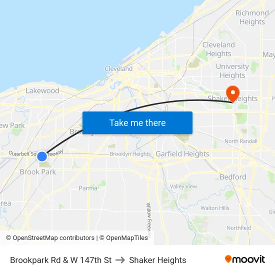Brookpark Rd & W 147th St to Shaker Heights map