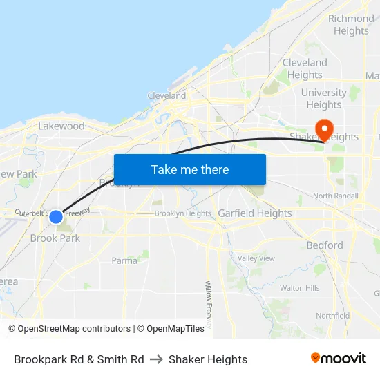 Brookpark Rd & Smith Rd to Shaker Heights map
