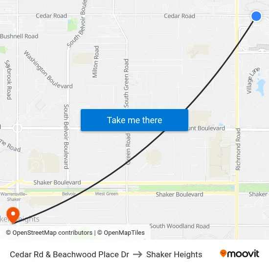 Cedar Rd & Beachwood Place Dr to Shaker Heights map