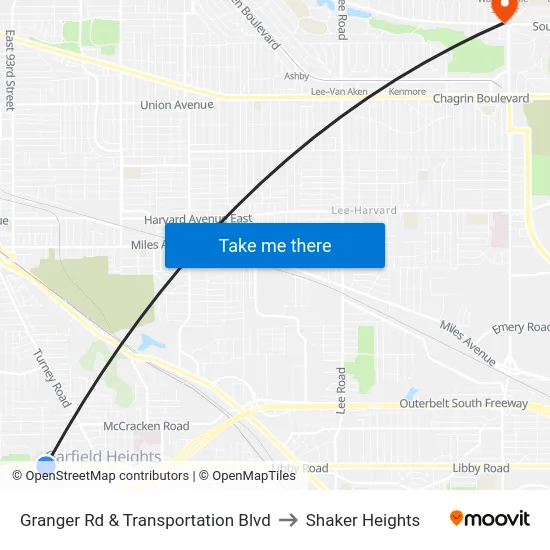 Granger Rd & Transportation Blvd to Shaker Heights map