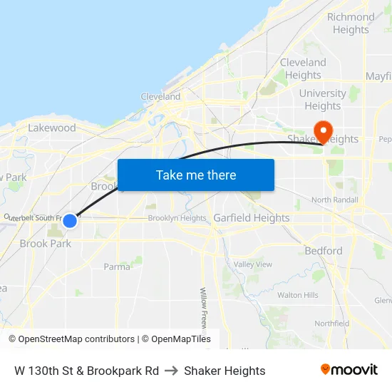 W 130th St & Brookpark Rd to Shaker Heights map