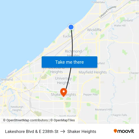 Lakeshore Blvd & E 238th St to Shaker Heights map