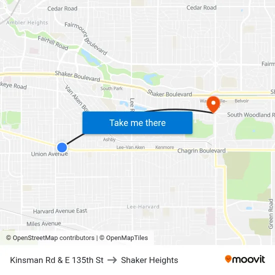 Kinsman Rd & E 135th St to Shaker Heights map