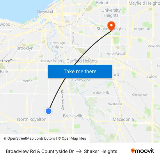 Broadview Rd & Countryside Dr to Shaker Heights map