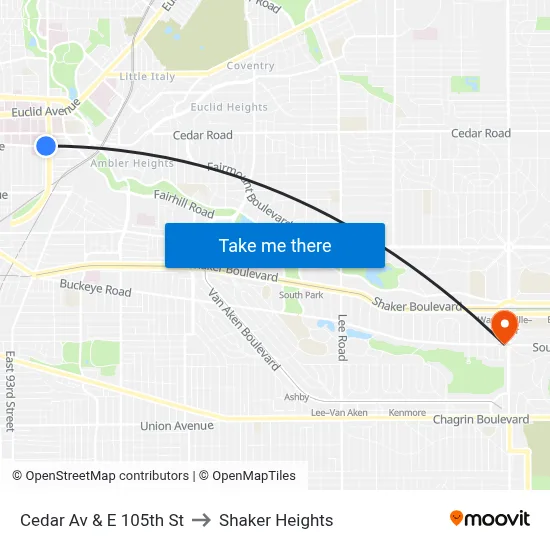 Cedar Av & E 105th St to Shaker Heights map
