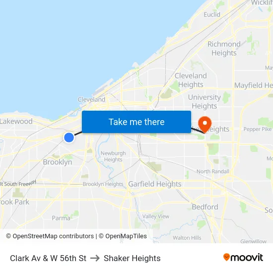 Clark Av & W 56th St to Shaker Heights map