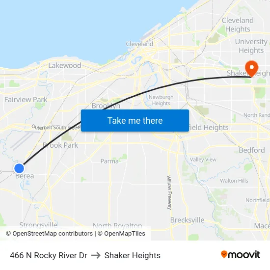 466 N Rocky River Dr to Shaker Heights map