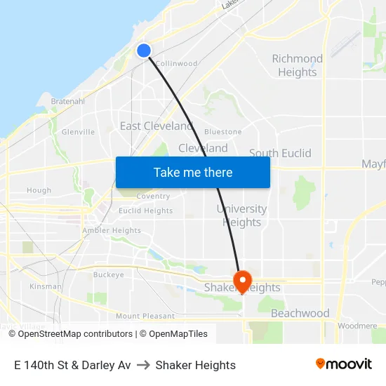E 140th St & Darley Av to Shaker Heights map