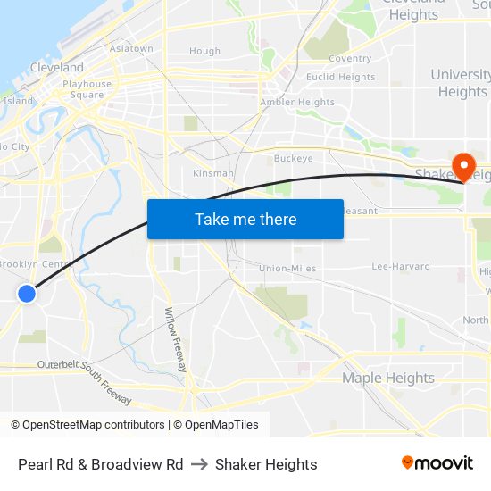 Pearl Rd & Broadview Rd to Shaker Heights map
