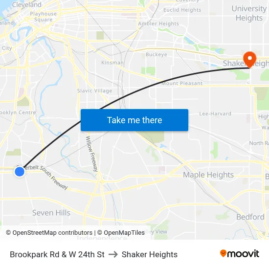 Brookpark Rd & W 24th St to Shaker Heights map
