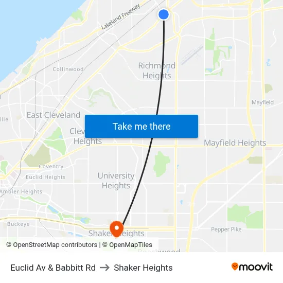 Euclid Av & Babbitt Rd to Shaker Heights map