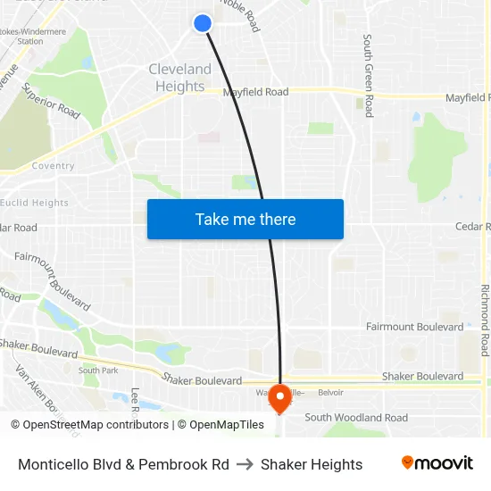 Monticello Blvd & Pembrook Rd to Shaker Heights map