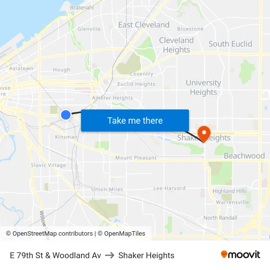E 79th St & Woodland Av to Shaker Heights map