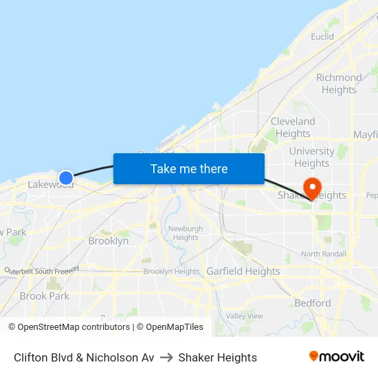 Clifton Blvd & Nicholson Av to Shaker Heights map