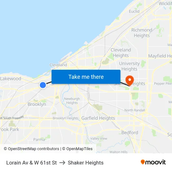 Lorain Av & W 61st St to Shaker Heights map