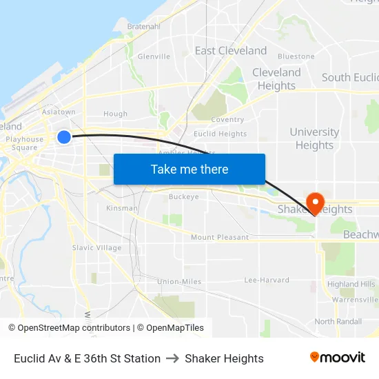 Euclid Av & E 36th St Station to Shaker Heights map