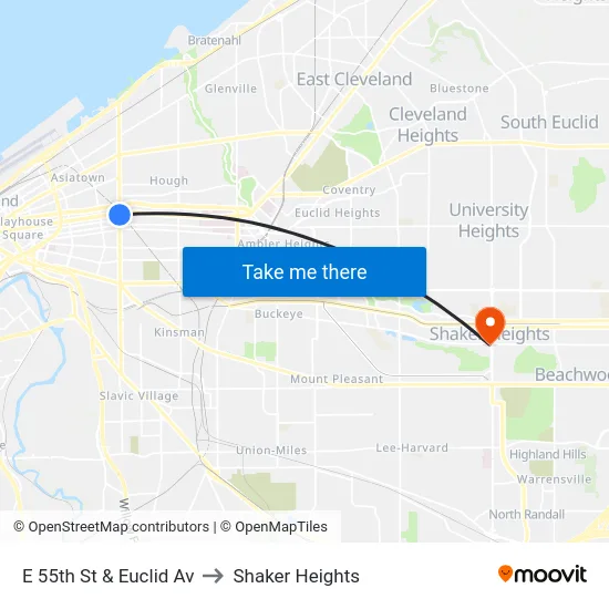 E 55th St & Euclid Av to Shaker Heights map