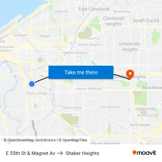 E 55th St & Magnet Av to Shaker Heights map