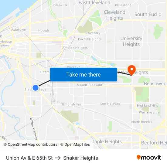 Union Av & E 65th St to Shaker Heights map