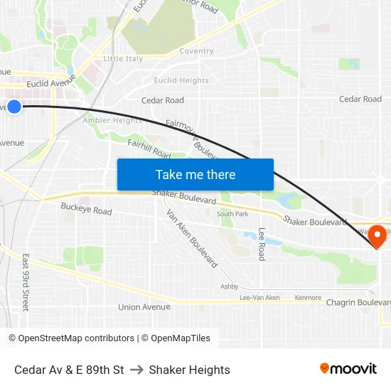 Cedar Av & E 89th St to Shaker Heights map