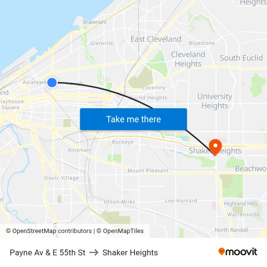 Payne Av & E 55th St to Shaker Heights map