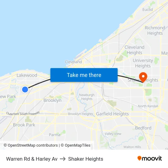 Warren Rd & Harley Av to Shaker Heights map