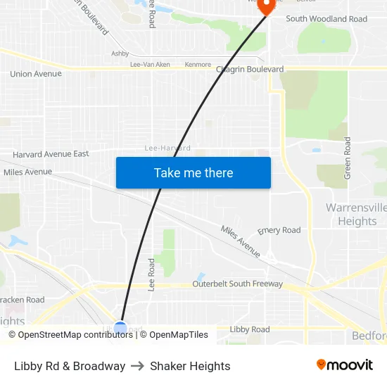 Libby Rd & Broadway to Shaker Heights map