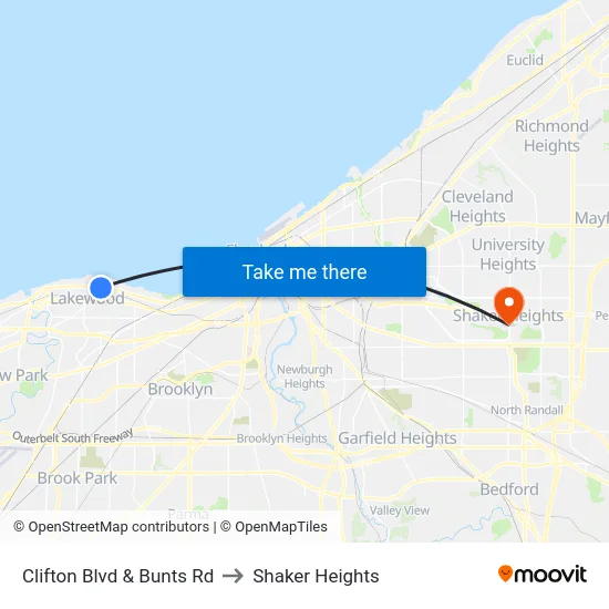 Clifton Blvd & Bunts Rd to Shaker Heights map