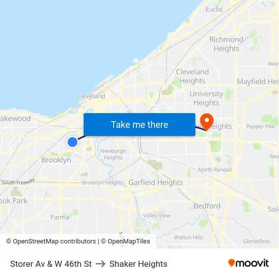 Storer Av & W 46th St to Shaker Heights map