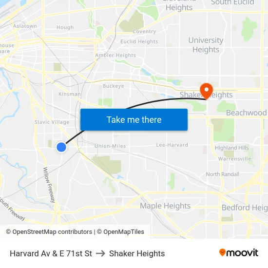 Harvard Av & E 71st St to Shaker Heights map