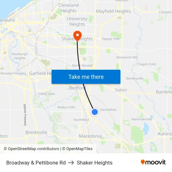 Broadway & Pettibone Rd to Shaker Heights map
