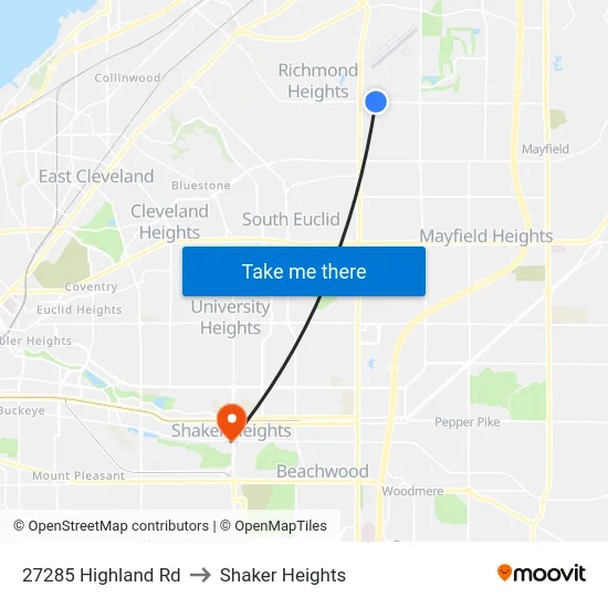 27285 Highland Rd to Shaker Heights map