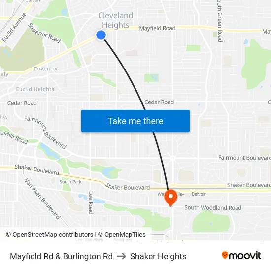 Mayfield Rd & Burlington Rd to Shaker Heights map