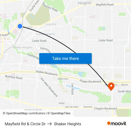Mayfield Rd & Circle Dr to Shaker Heights map