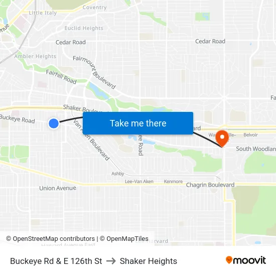 Buckeye Rd & E 126th St to Shaker Heights map