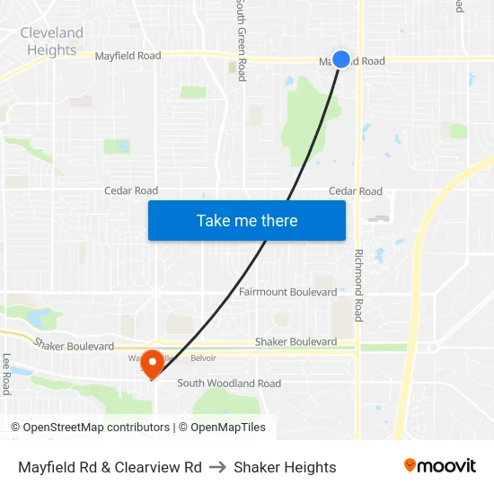 Mayfield Rd & Clearview Rd to Shaker Heights map