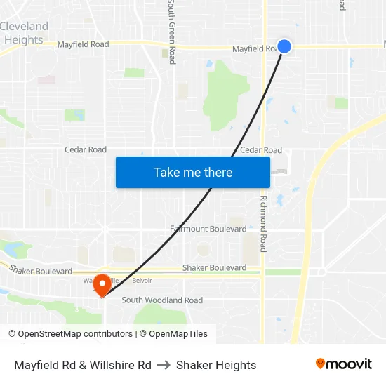 Mayfield Rd & Willshire Rd to Shaker Heights map