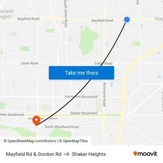 Mayfield Rd & Gordon Rd to Shaker Heights map